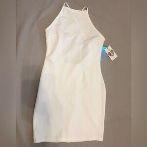 IRIS Ivory Halter Bodycon Mini Dress Open Back Tie Size L NWT